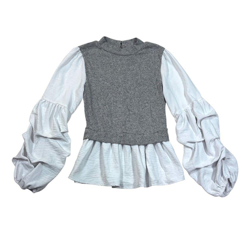 The Line of Style Women's Grey Ribbed Knit White Ruffle Puff Sleeve Peplum Top M